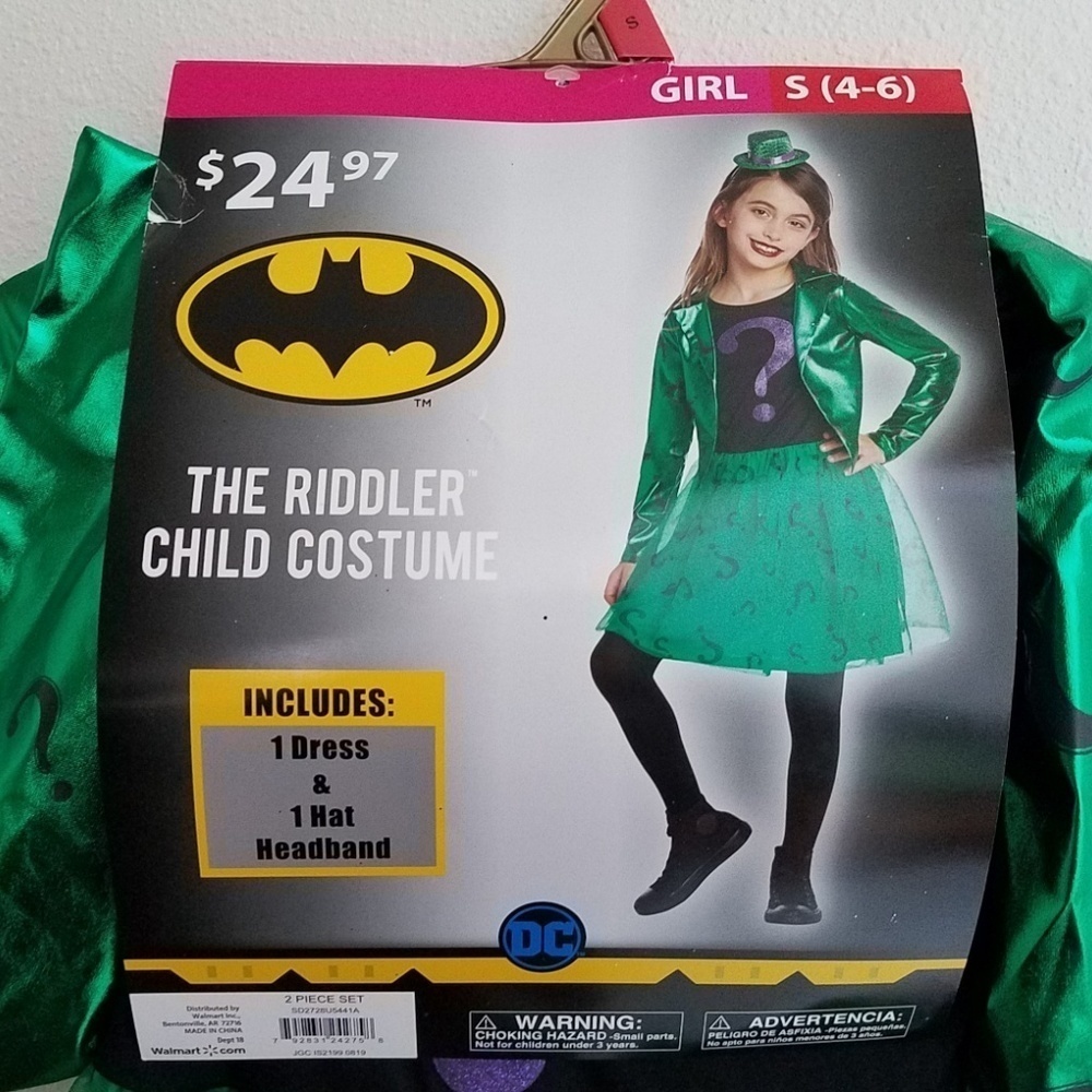 NEW Riddler Girl Halloween Costume Cosplay Small 4-6 Dress Hat Batman Villain